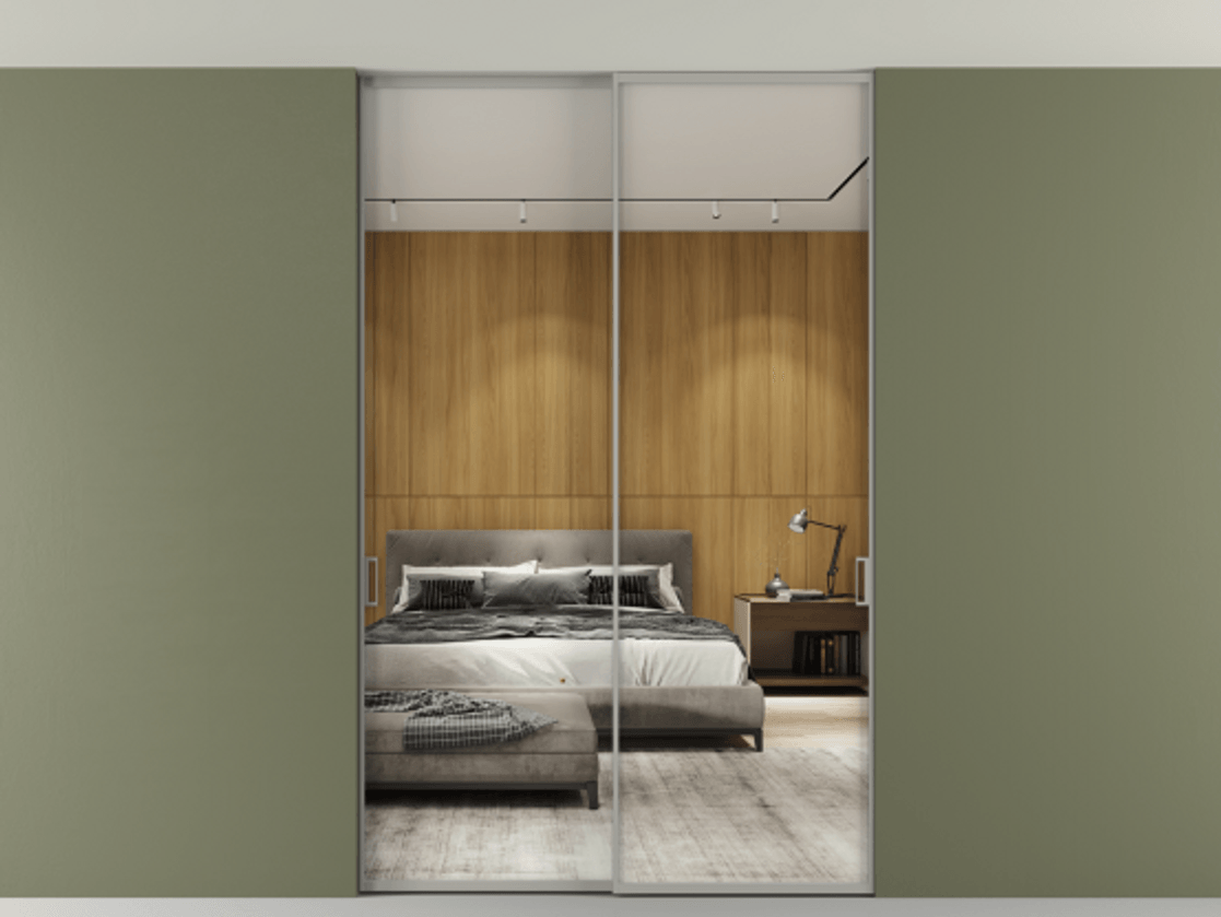 Перегородка Formato внутри проёма двустворчатая со скрытым креплением в потолок АЛПР 040.01 Алюминий нейтральный серый Двустороннее зеркало, триплекс 6 мм, триплекс 6 мм.  Цена 13990 Br 1. Полотно 2 шт. (800/2100 мм)
 2. Комплект установки раздвижной системы
 3. Базовый комплект фурнитуры
4. Ручка RONDO. Фабрика дверей Волховец 8 (800) 551 43 19  Перегородка Formato внутри проёма двустворчатая со скрытым креплением в потолок АЛПР 040.01 Алюминий нейтральный серый Двустороннее зеркало, триплекс 6 мм, триплекс 6 мм Цена 13990 Br | Volhovec