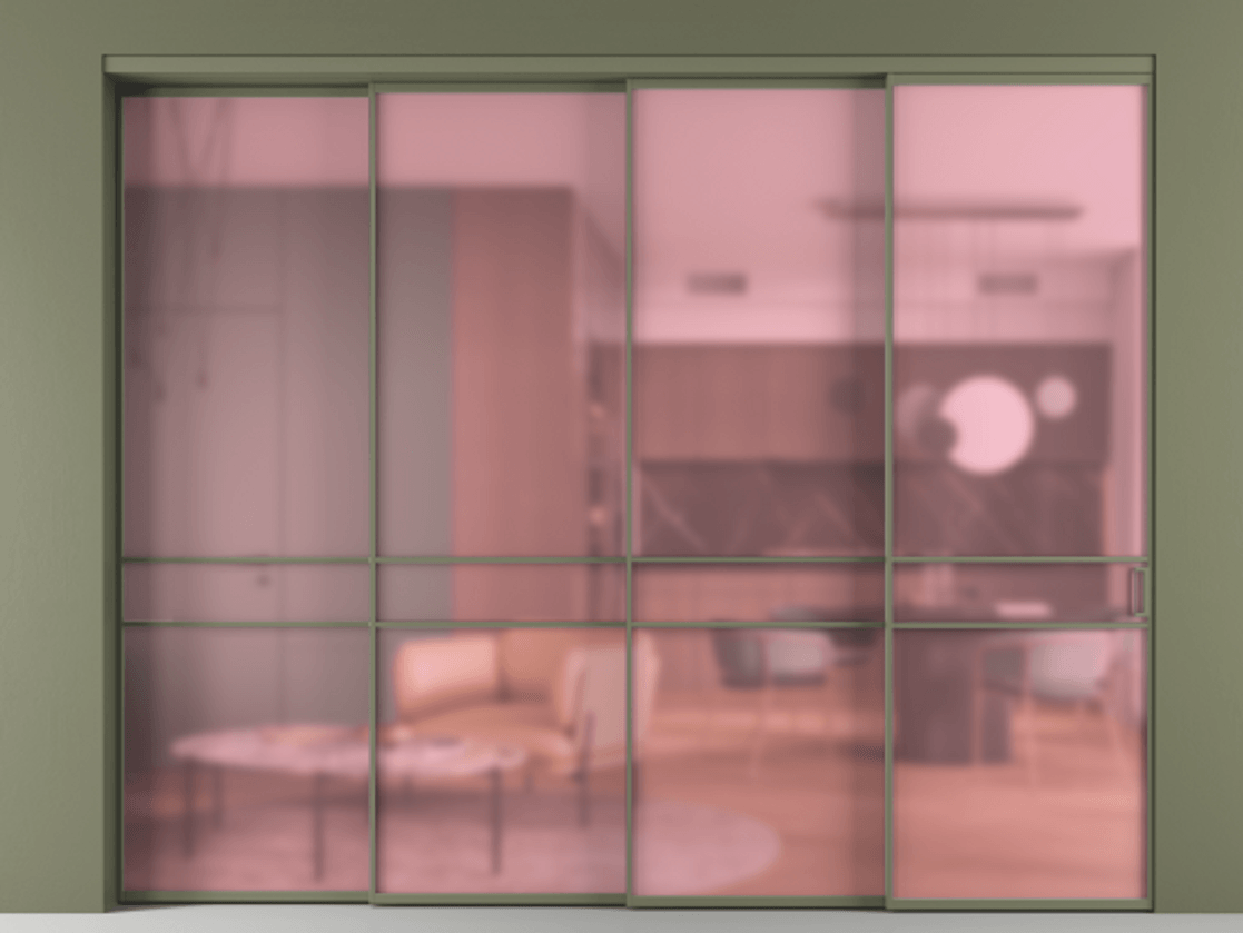 Перегородка Formato внутри проёма 4 створки с синхронным механизмом АЛПР 040.02 Алюминий оливковый тёмный Сатинированное розовое стекло, триплекс. Цена 24000 Br 1. Полотно 4 шт. (800/2100 мм)
2. Комплект установки раздвижной системы
3. Базовый комплект фурнитуры
4. Комплект фурнитуры телескопик синхро-3
5. Ручка RONDO
. Фабрика дверей Волховец 8 (800) 551 43 19 Перегородка Formato внутри проёма 4 створки с синхронным механизмом АЛПР 040.02 Алюминий оливковый тёмный Сатинированное розовое стекло, триплекс Цена 24000 Br | Volhovec