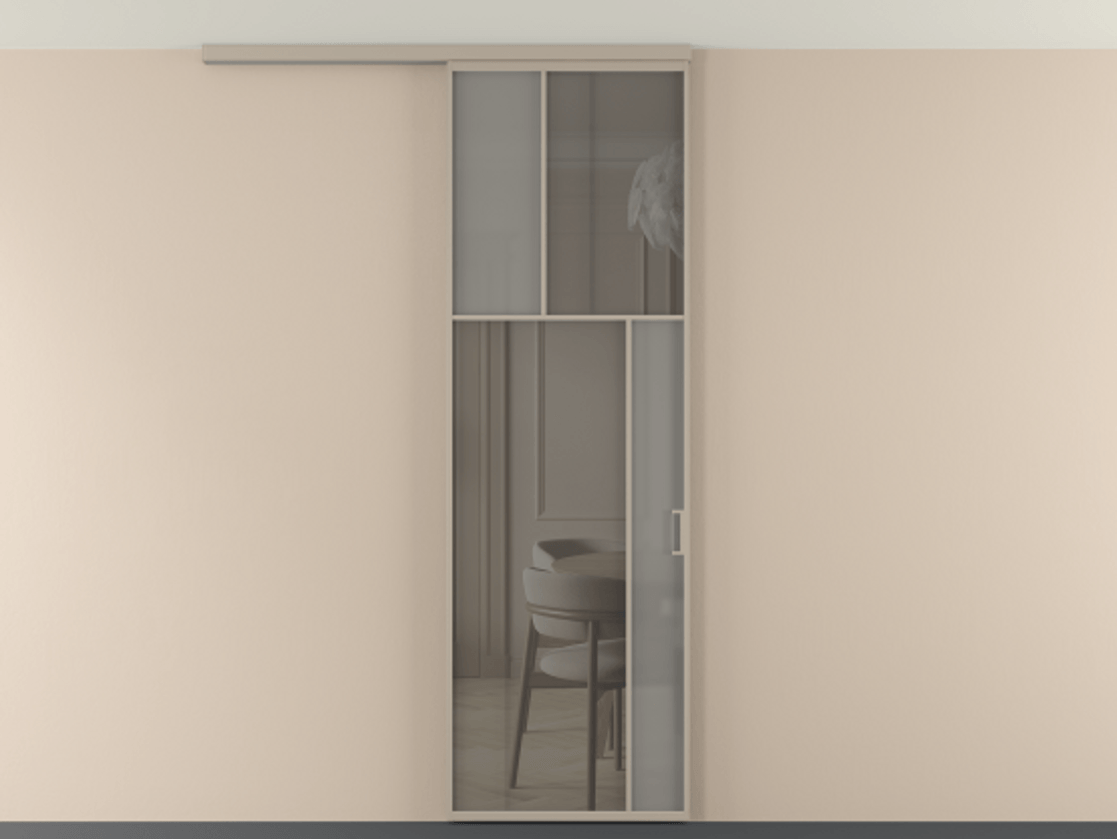 Перегородка Мозаик вдоль стены на потолок 1 створка АЛПР 041.23 Алюминий бисквитный Сатинированное серое стекло, триплекс, 6 мм + Прозрачное серое стекло, триплекс Цена 7220 Br | Volhovec