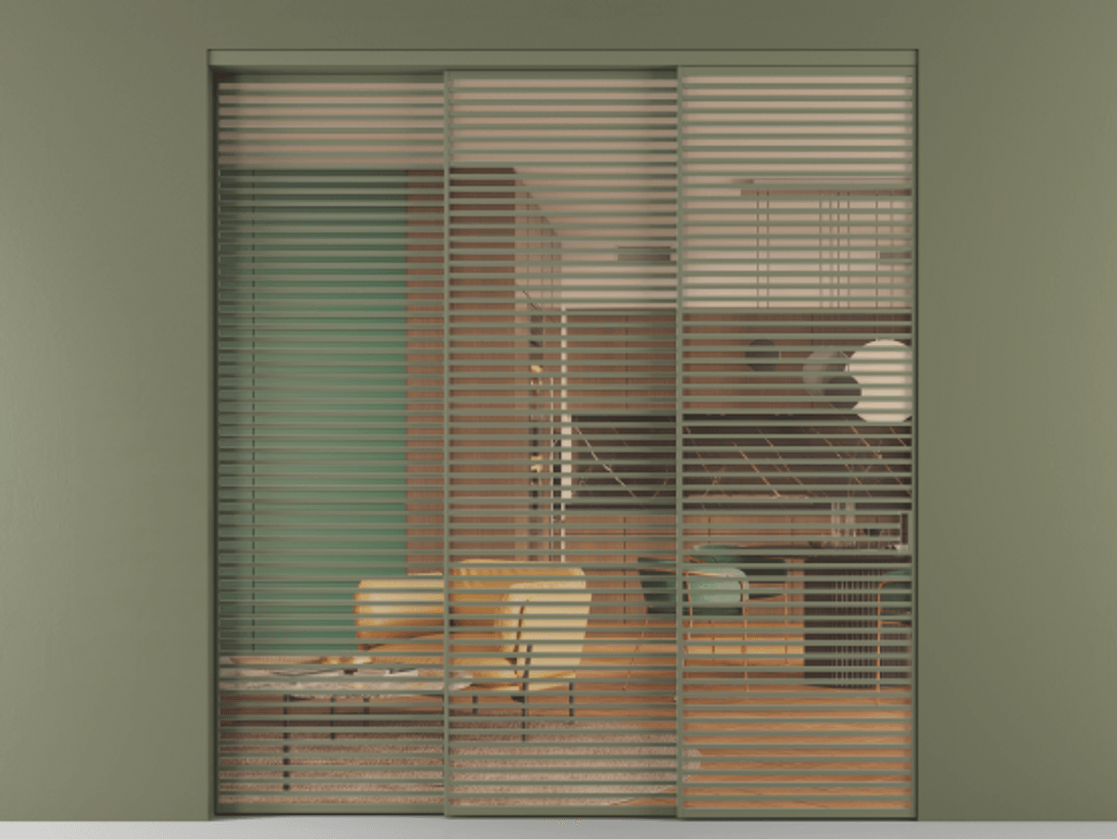 Перегородка Formato внутри проёма 3 створки с синхронным механизмом АЛПР 040.07 Алюминий оливковый тёмный Прозрачное оранжевое стекло, триплекс Цена 31000 Br  | Volhovec