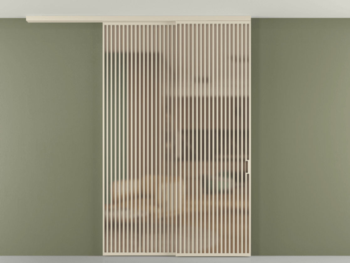 Перегородка Formato вдоль стены на потолок 2 створки с синхронным механизмом АЛПР 040.06 Алюминий бежево-серый Сатинированное оранжевое стекло, триплекс Цена 28200 Br | Volhovec