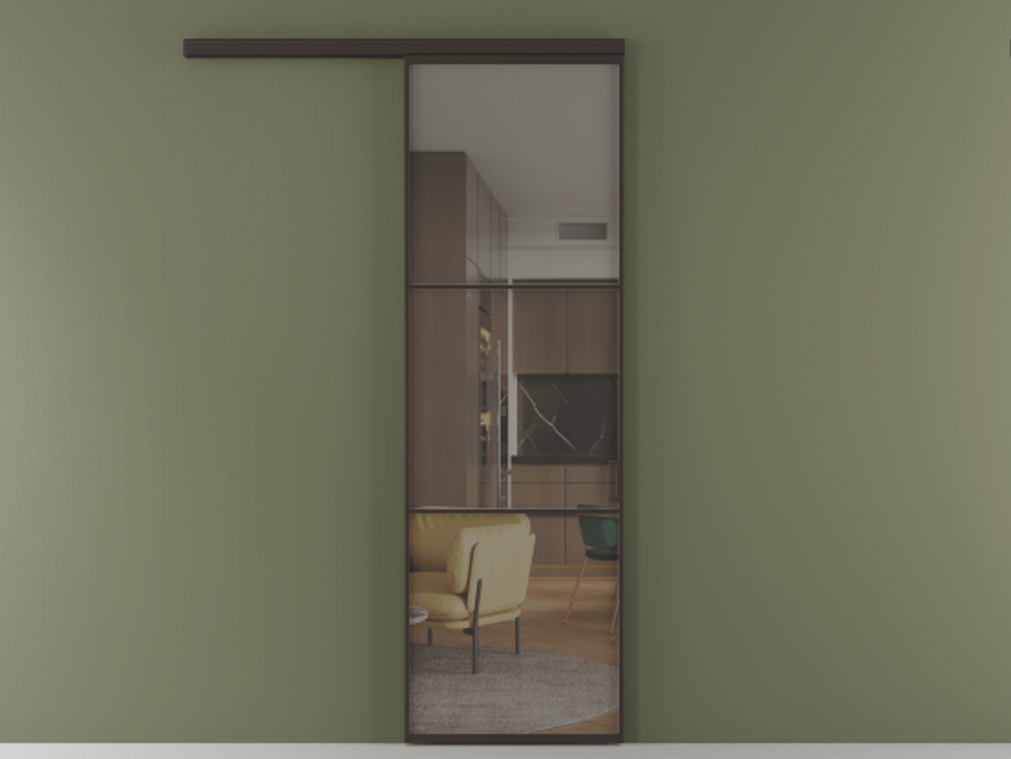 Перегородка Формато вдоль стены 1 створка АЛПР 040.03 Алюминий антрацит Прозрачное серое стекло, триплекс Цена 5910 Br  | Volhovec