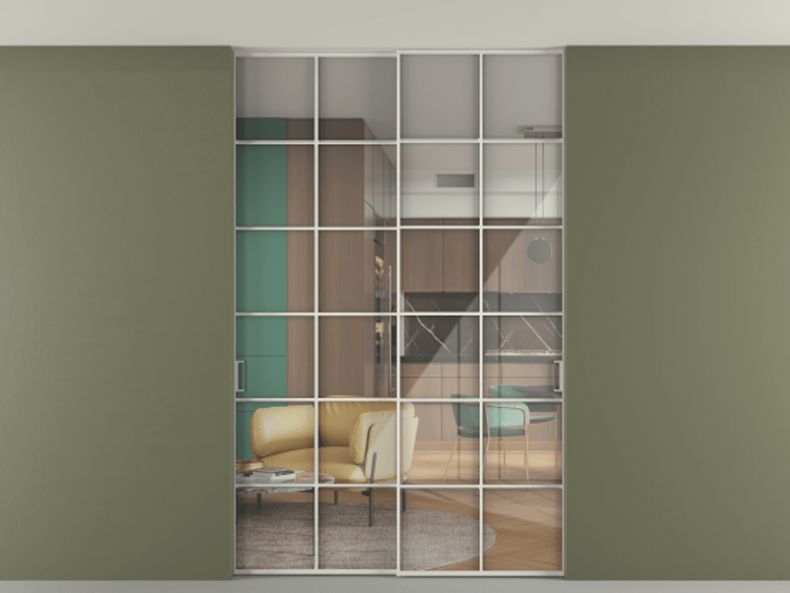 Перегородка Формато внутри проёма скрытое крепление в потолок 2 створки АЛПР 040.05 Алюминий Белый Рефлективное прозрачное стекло "Стопсол", калёное Цена 16780 Br | Volhovec