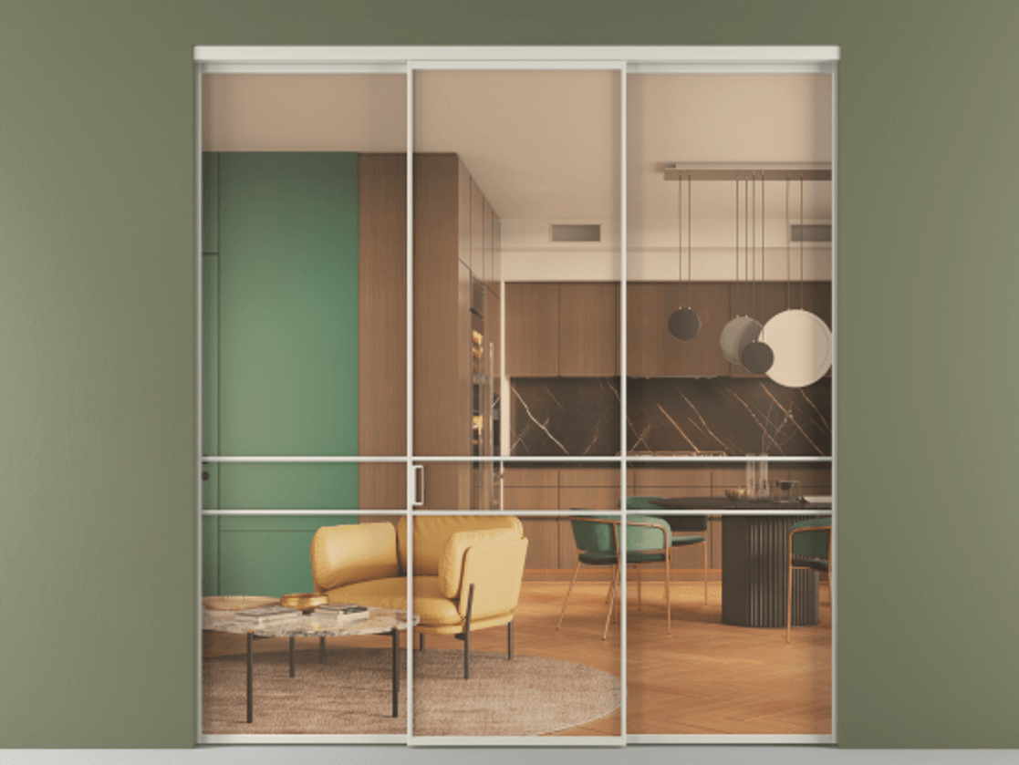 Перегородка Formato внутри проёма 3 створки АЛПР 040.02 Алюминий облачно-серый Прозрачное оранжевое стекло, триплекс Цена 13300 Br | Volhovec