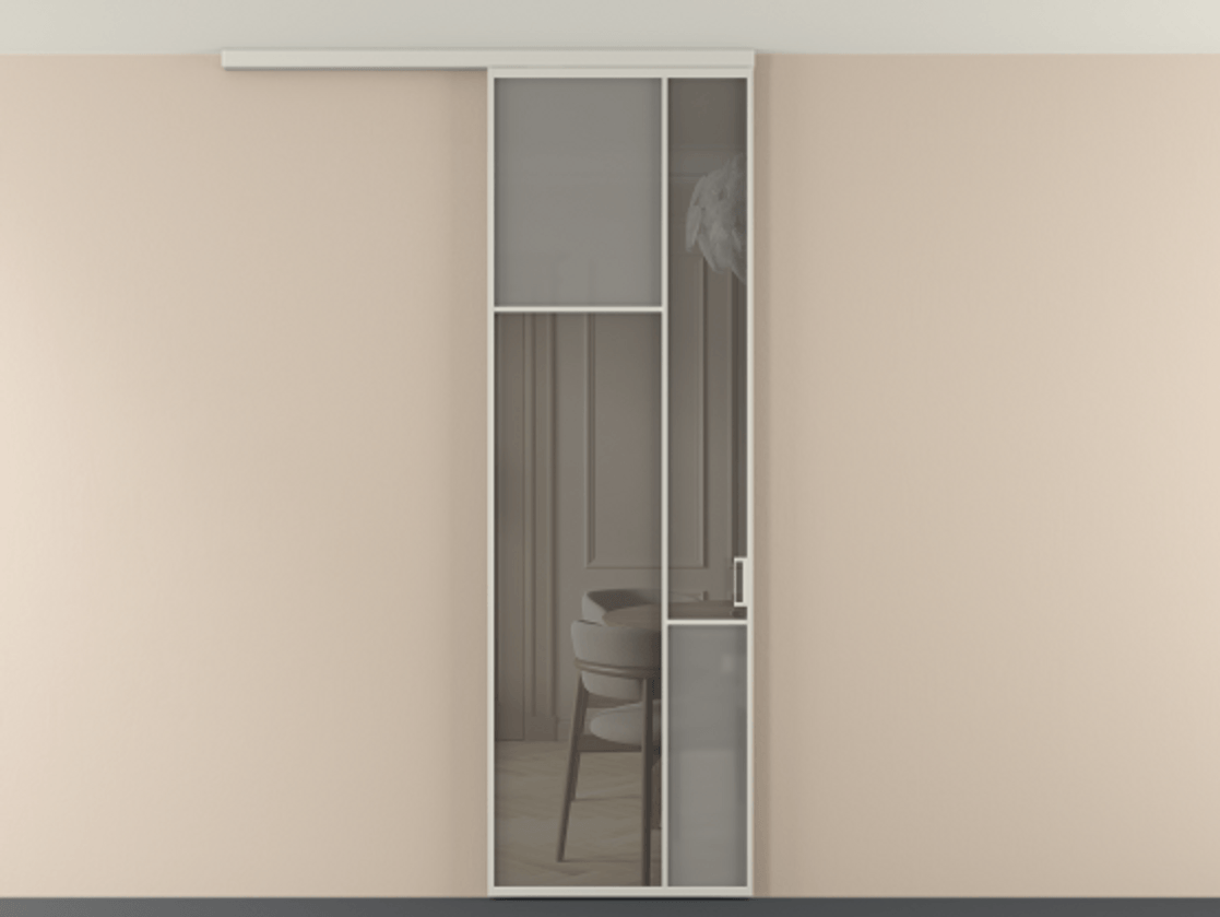 Перегородка Мозаик вдоль стены на потолок 1 створка АЛПР 041.10 Алюминий тёплый серый Сатинированное серое стекло, триплекс, 6 мм + Прозрачное серое стекло, триплекс Цена 7220 Br | Volhovec