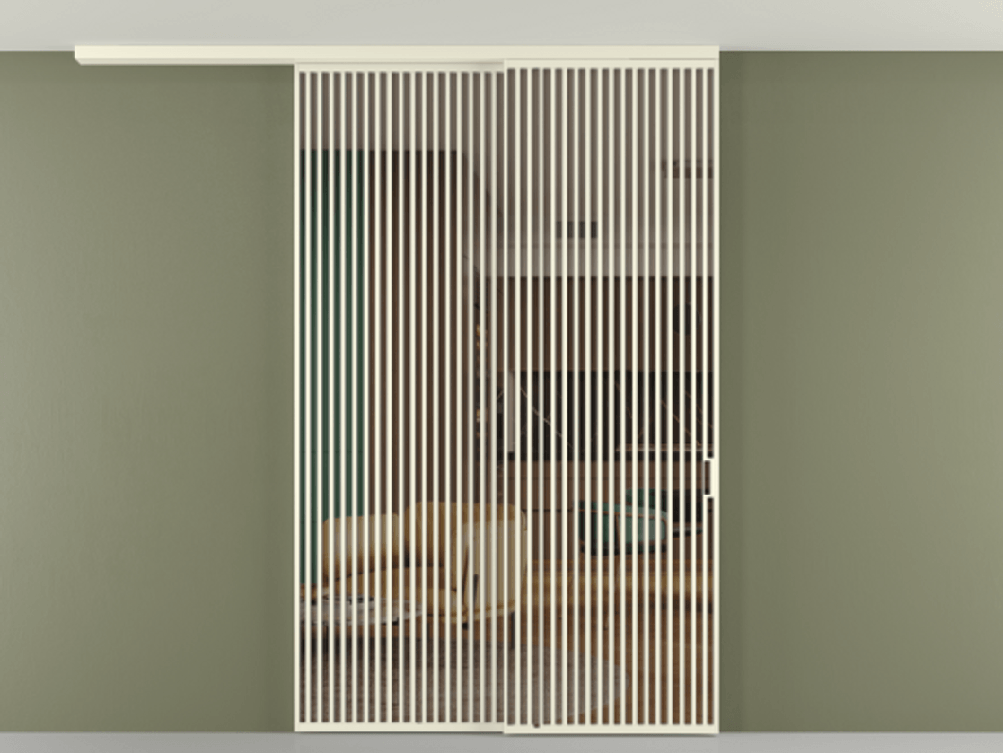 Перегородка Формато вдоль стены на потолок 2 створки с синхронным механизмом АЛПР 040.06 Алюминий молочно-белый Прозрачное бронзовое стекло, триплекс Цена 23070 Br | Volhovec