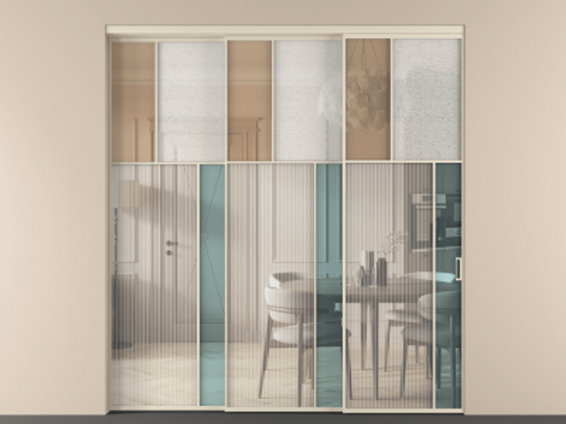 Перегородка Mosaic внутри проёма телескопик синхро 2 АЛПР 041.23 Алюминий бежево-серый Комбинация стекол Группы 1 и Группы 3 Цена 22600 Br | Volhovec