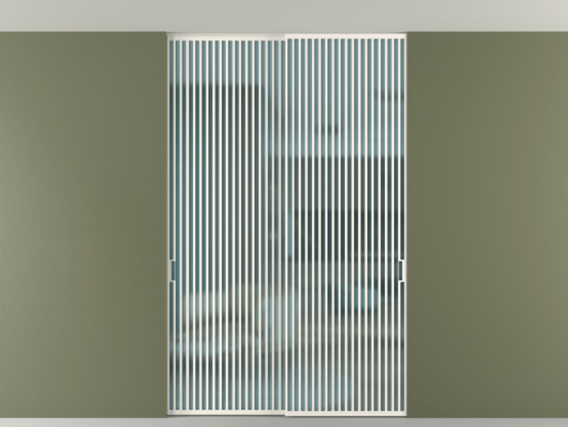 Перегородка Формато внутри проёма скрытое крепление в потолок 2 створки АЛПР 040.06 Алюминий пудровый белый Сатинированное голубое стекло, триплекс Цена 21900 Br | Volhovec