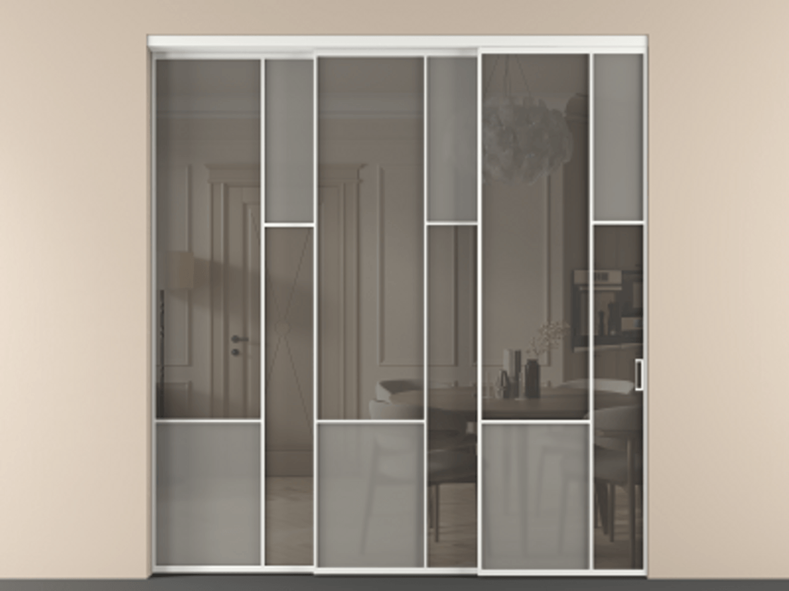 Перегородка Mosaic внутри проёма 3 створки с синхронным механизмом АЛПР 041.12 Алюминий белоснежный Сатинированное серое стекло, триплекс, 6 мм + Прозрачное серое стекло, триплекс Цена 23390 Br | Volhovec