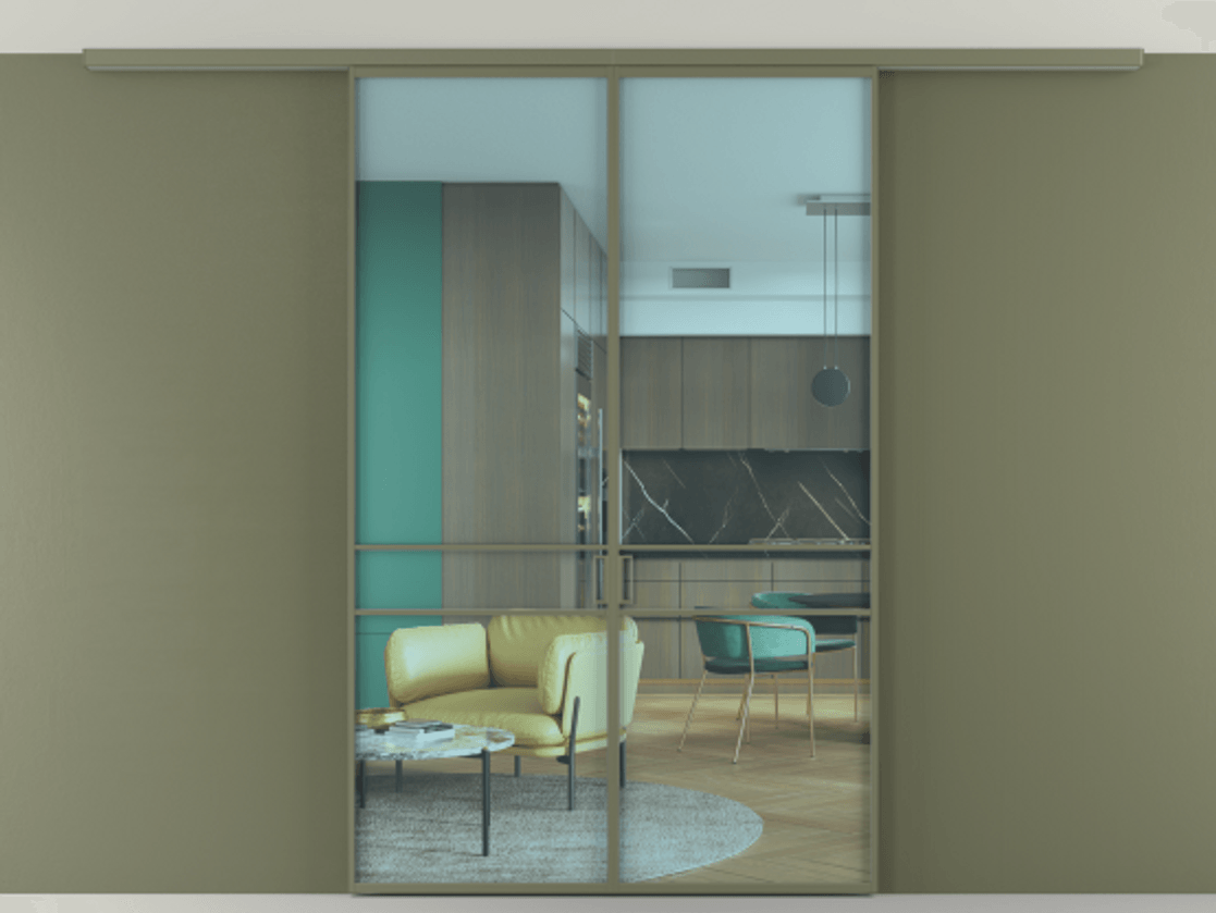 Перегородка Formato вдоль стены на потолок 2 створки АЛПР 040.02 Алюминий оливковый тёмный Прозрачное голубое стекло, триплекс Цена 10000 Br | Volhovec