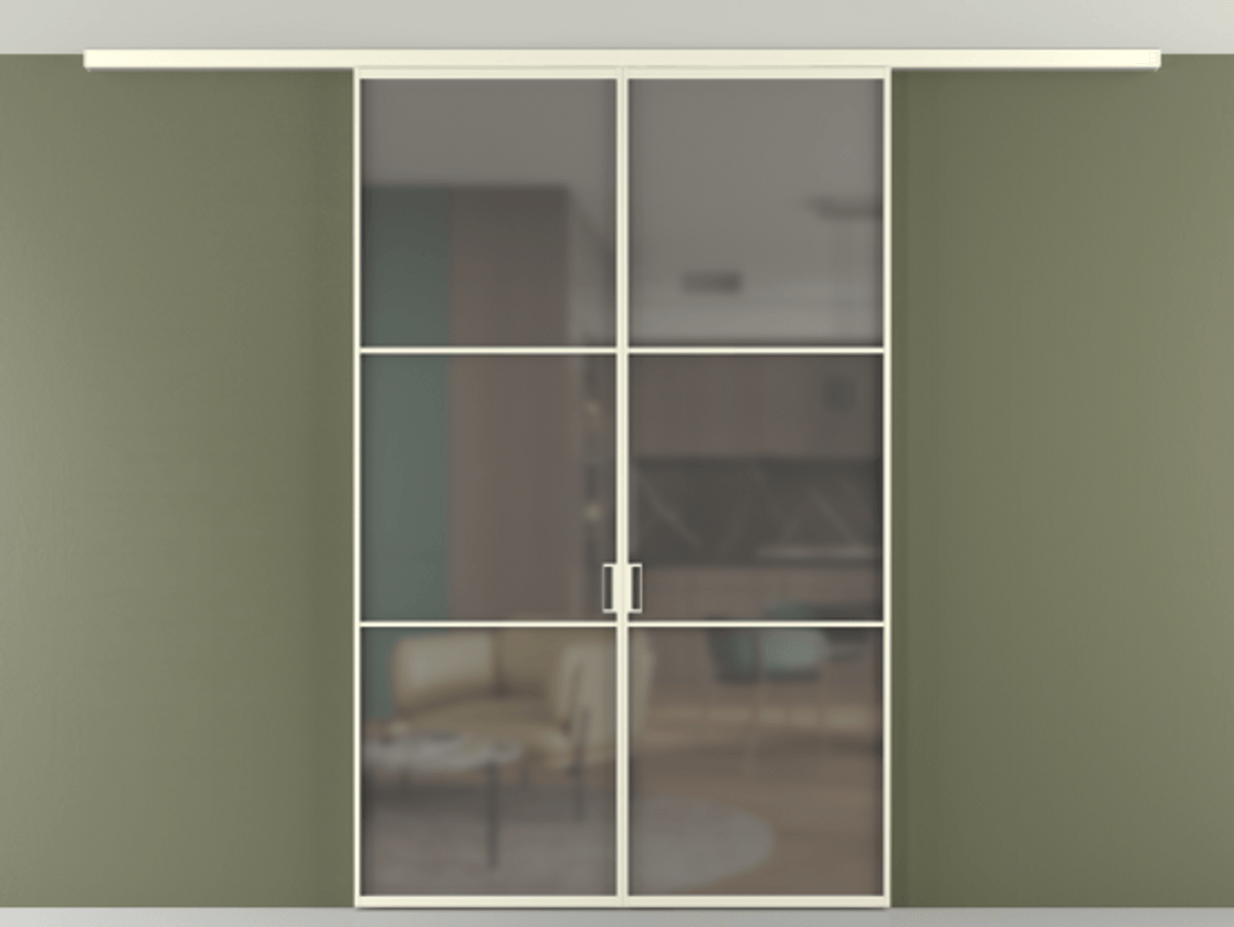 Перегородка Формато вдоль стены на потолок 2 створки АЛПР 040.03 Алюминий молочно-белый Сатинированное серое стекло, триплекс Цена 9980 Br | Volhovec