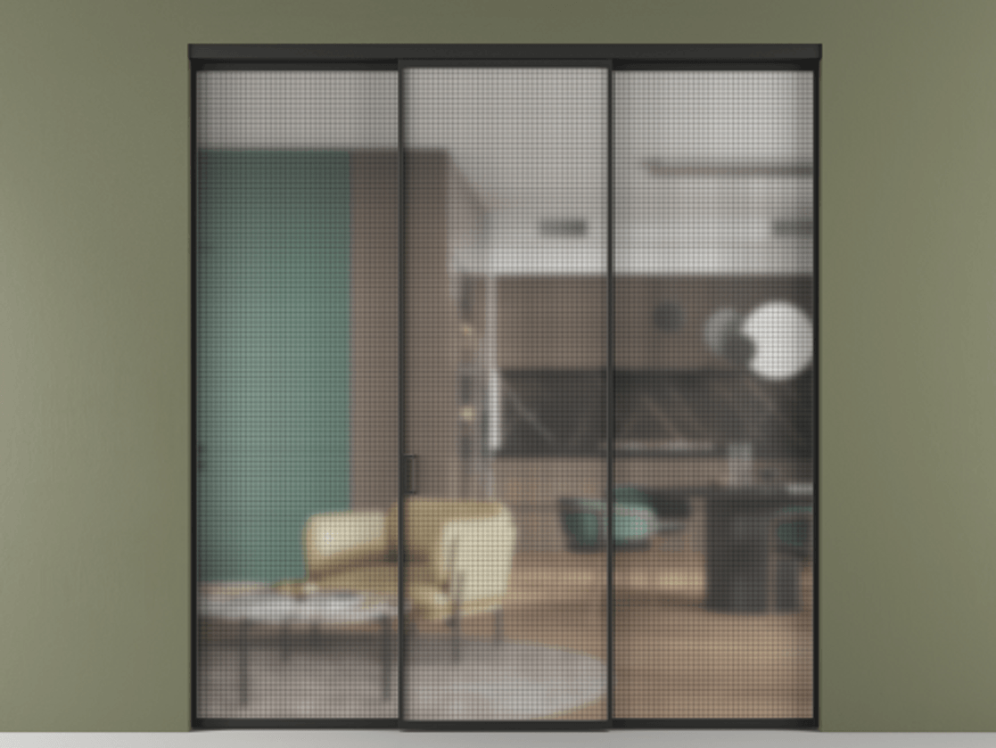 Перегородка Formato внутри проёма 3 створки АЛПР 040.01 Алюминий Черный Декоративное стекло с сеткой "Mesh silver", триплекс. Скрытый короб ЧЕР Цена 13120 Br 1. Полотно 3 шт. (800/2100 мм)
2. Комплект установки раздвижной системы
3. Базовый комплект фурнитуры
4.Ручка RONDO. Фабрика дверей Волховец 8 (800) 551 43 19 Перегородка Formato внутри проёма 3 створки АЛПР 040.01 Алюминий Черный Декоративное стекло с сеткой "Mesh silver", триплекс Цена 13120 Br | Volhovec