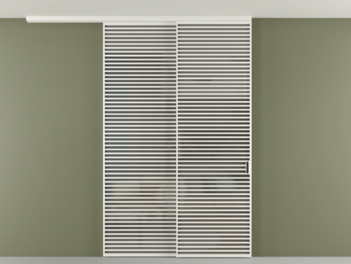 Перегородка Формато вдоль стены на потолок 2 створки с синхронным механизмом АЛПР 040.07 Алюминий светло-серый Сатинированное серое стекло, триплекс Цена 28160 Br | Volhovec