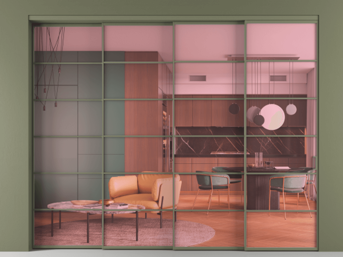 Перегородка Formato внутри проёма 4 створки с синхронным механизмом АЛПР 040.04 Алюминий оливковый тёмный Прозрачное розовое стекло, триплекс. Цена 26100 Br 1. Полотно 4 шт. (800/2100 мм)
2. Комплект установки раздвижной системы
3. Базовый комплект фурнитуры
4. Комплект фурнитуры телескопик синхро-3
5. Ручка RONDO
. Фабрика дверей Волховец 8 (800) 551 43 19 Перегородка Formato внутри проёма 4 створки с синхронным механизмом АЛПР 040.04 Алюминий оливковый тёмный Прозрачное розовое стекло, триплекс Цена 26100 Br | Volhovec