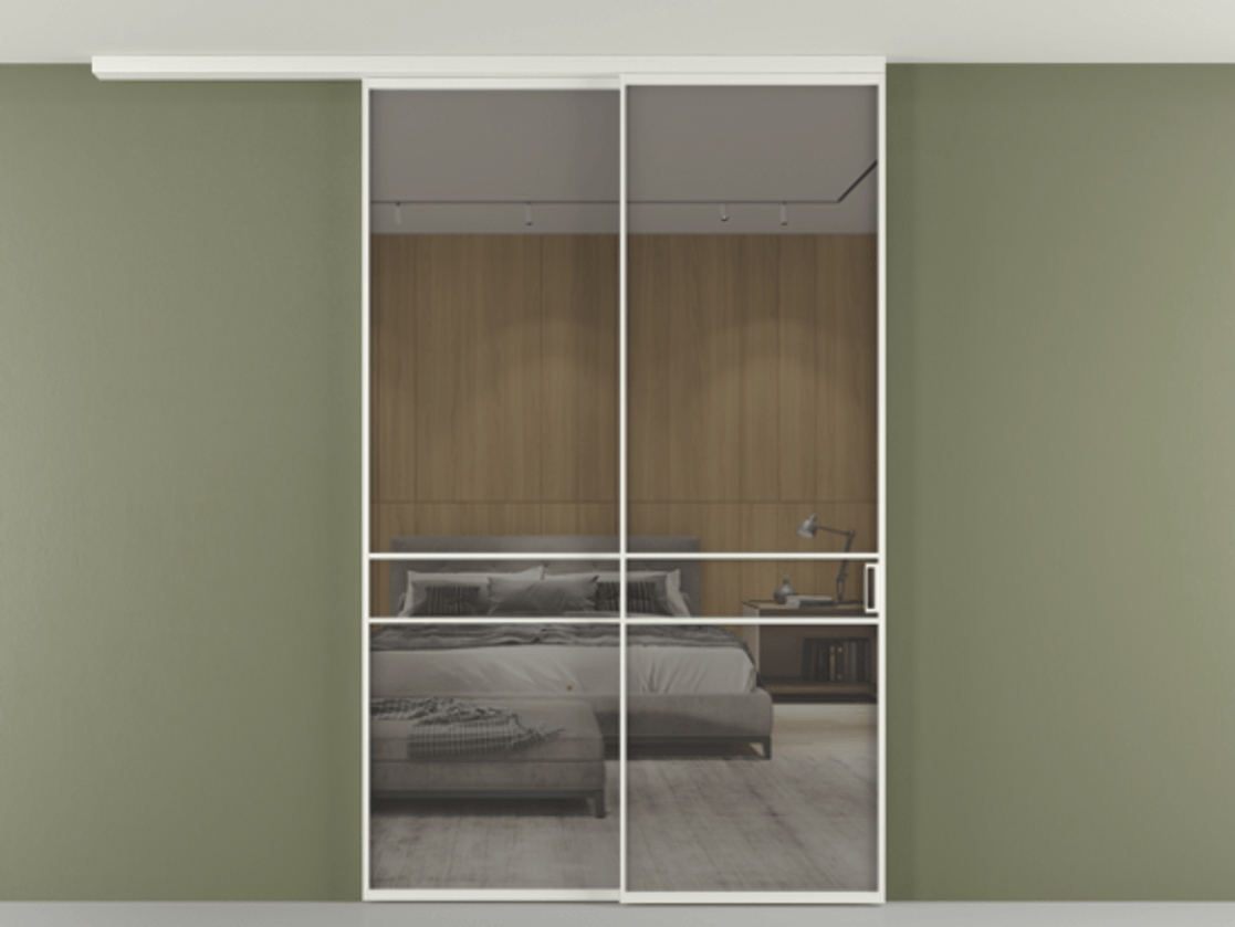 Перегородка Формато вдоль стены на потолок 2 створки с синхронным механизмом АЛПР 040.02 Алюминий светло-серый Рефлективное серое стекло "Стопсол", калёное Цена 17480 Br | Volhovec