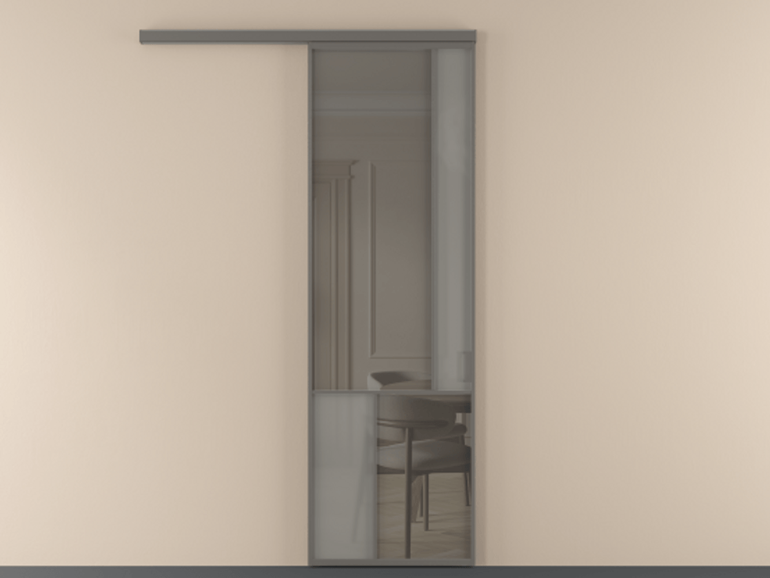 Перегородка Mosaic вдоль стены одностворчатая АЛПР 041.21 Алюминий классический серый Сатинированное серое стекло, триплекс, 6 мм + Прозрачное серое стекло, триплекс, 6 мм Цена 6910 Br | Volhovec