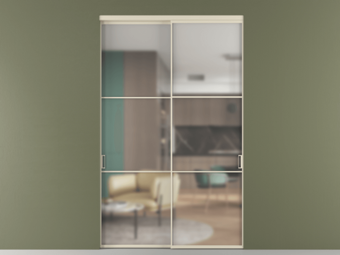 Перегородка Формато внутри проёма 2 створки АЛПР 040.03 Алюминий бежево-серый Сатинированное стекло "Мателюкс Кристал Вижн", калёное, матовое, каленое 6 мм Цена 25570 Br  | Volhovec