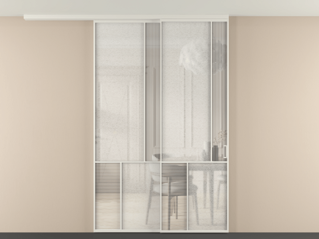 Перегородка Mosaic вдоль стены на потолок 2 створки с синхронным механизмом АЛПР 041.21 Алюминий Белый Рифлёное стекло "Дюна", триплекс, 6 мм + Фактурное стекло "Лёд", триплекс Цена 18470 Br | Volhovec