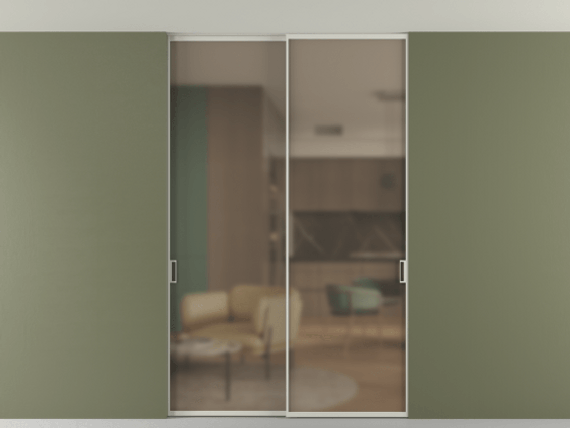 Перегородка Formato внутри проёма скрытое крепление в потолок 2 створки АЛПР 040.01 Алюминий тёплый серый Сатинированное бронзовое стекло, триплекс Цена 13200 Br | Volhovec