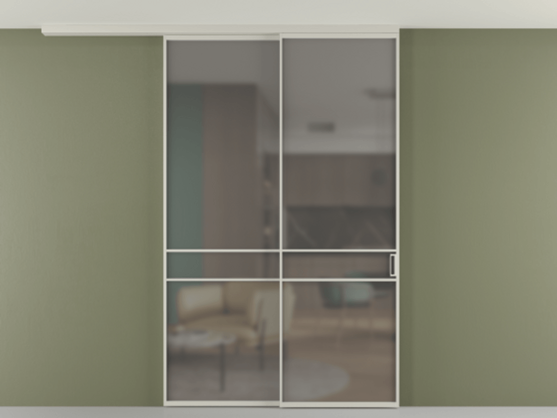 Перегородка Формато вдоль стены на потолок 2 створки с синхронным механизмом АЛПР 040.02 Алюминий тёплый серый Сатинированное серое стекло, триплекс Цена 16630 Br | Volhovec