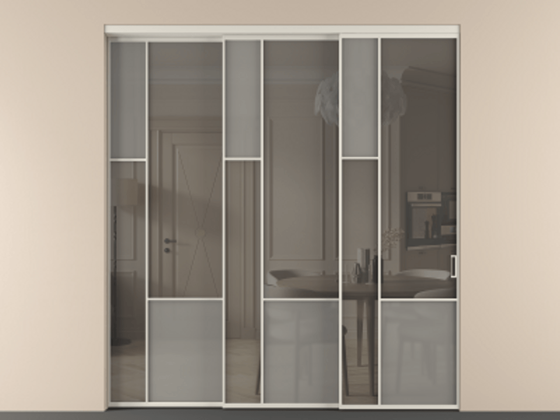 Перегородка Мозаик внутри проёма 3 створки с синхронным механизмом АЛПР 041.13 Алюминий облачно-серый Сатинированное серое стекло, триплекс, 6 мм + Прозрачное серое стекло, триплекс Цена 23390 Br | Volhovec