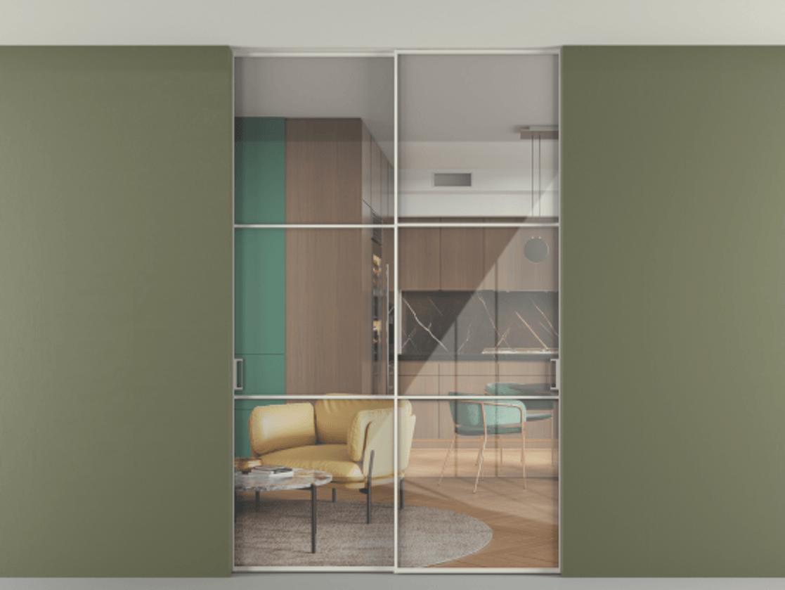 Перегородка Формато внутри проёма скрытое крепление в потолок 2 створки АЛПР 040.03 Алюминий Белый Рефлективное прозрачное стекло "Стопсол", калёное Цена 15910 Br | Volhovec