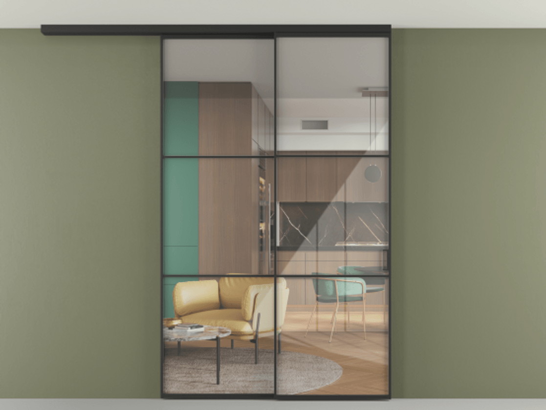 Перегородка Формато вдоль стены на потолок 2 створки с синхронным механизмом АЛПР 040.03 Алюминий Черный Рефлективное прозрачное стекло "Стопсол", калёное Цена 16690 Br | Volhovec