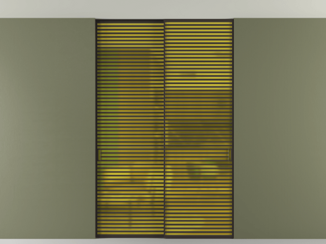 Перегородка Формато внутри проёма скрытое крепление в потолок 2 створки АЛПР 040.07 Алюминий антрацит Сатинированное жёлтое стекло, триплекс Цена 21900 Br | Volhovec