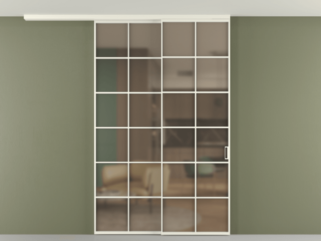 Перегородка Formato вдоль стены на потолок 2 створки с синхронным механизмом АЛПР 040.05 Алюминий жемчужный Сатинированное бронзовое стекло, триплекс Цена 15110 Br | Volhovec