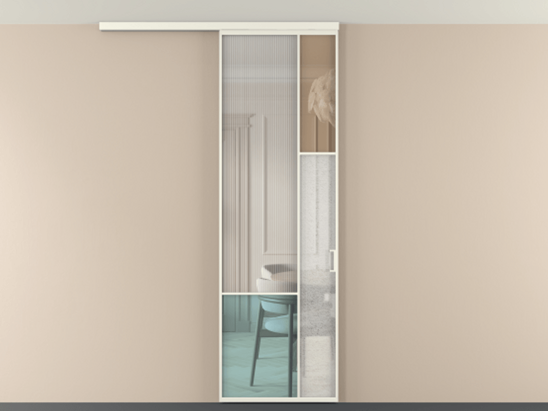 Перегородка Мозаик вдоль стены на потолок 1 створка АЛПР 041.12 Алюминий жемчужный Комбинация стекол Группы 1 и Группы 3 Цена 7500 Br | Volhovec