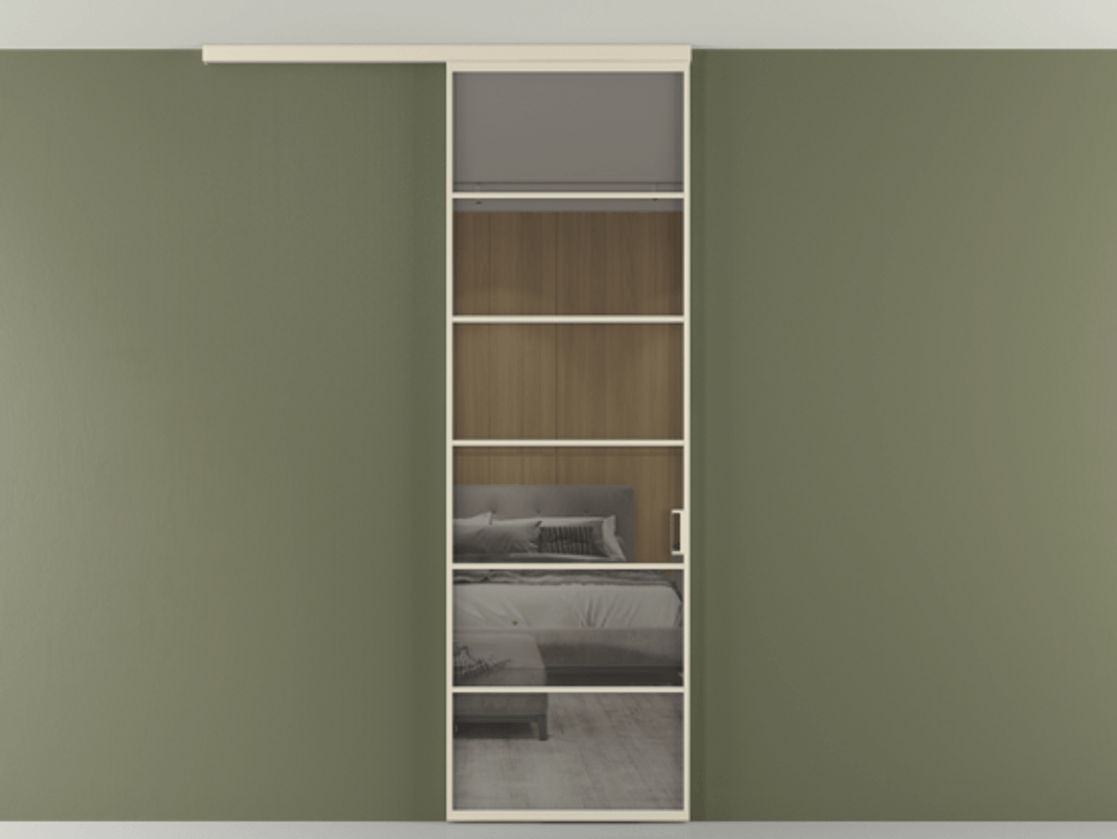 Перегородка Formato вдоль стены на потолок 1 створка АЛПР 040.04 Алюминий бежево-серый Рефлективное серое стекло "Stopsol", калёное Цена 7170 Br | Volhovec