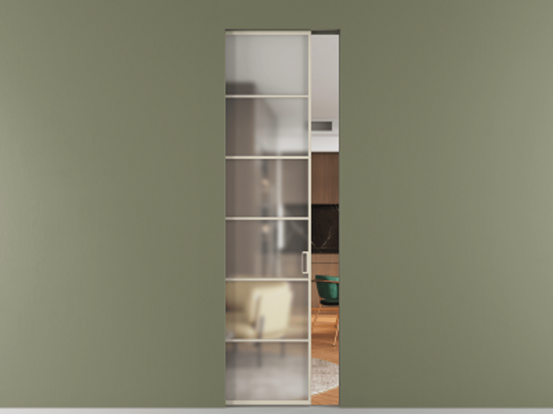 Перегородка Формато скрытый пенал 1 створка АЛПР 040.04 Алюминий бежево-серый Сатинированное стекло "Мателюкс Кристал Вижн", калёное, матовое, каленое 6 мм Цена 9960 Br | Volhovec