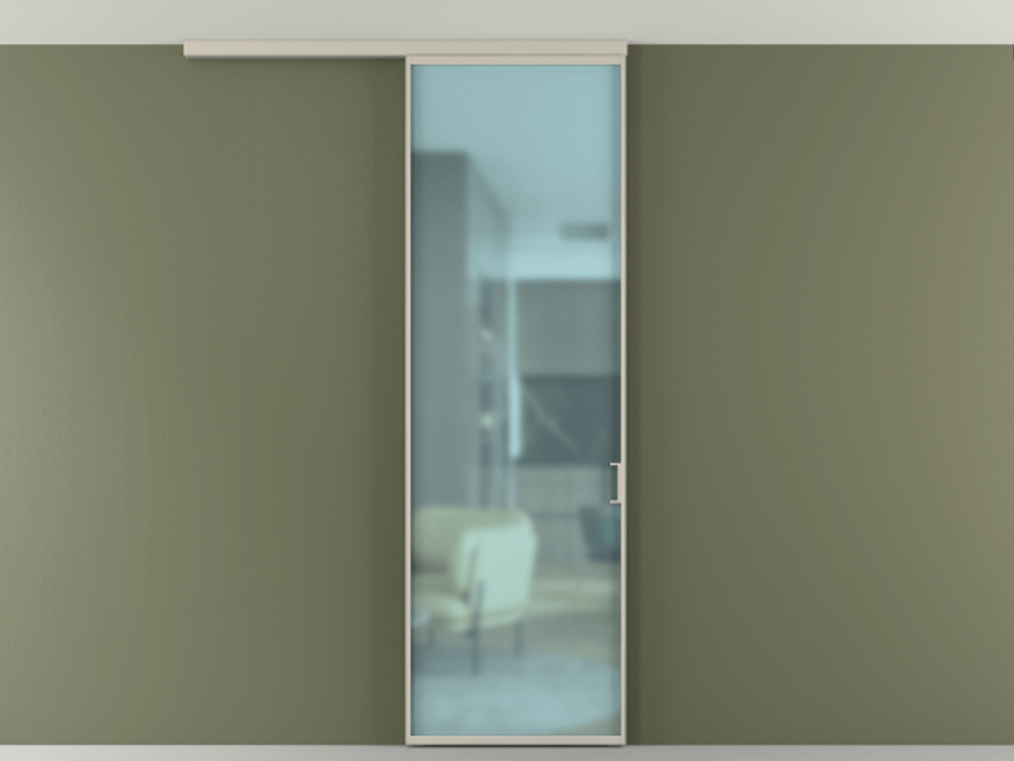 Перегородка Формато вдоль стены на потолок 1 створка АЛПР 040.01 Алюминий светло-бежевый Сатинированное голубое стекло, триплекс Цена 4900 Br | Volhovec