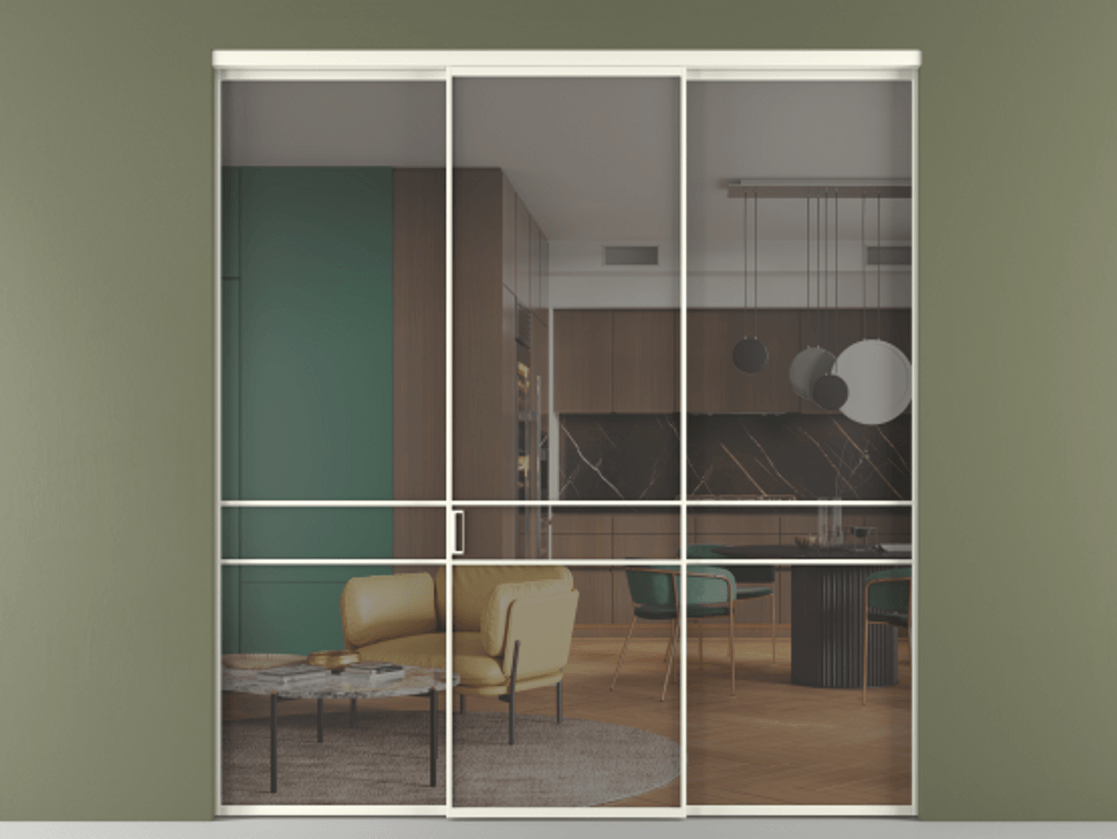 Перегородка Formato внутри проёма 3 створки АЛПР 040.02 Алюминий жемчужный Прозрачное серое стекло, триплекс Цена 12690 Br | Volhovec