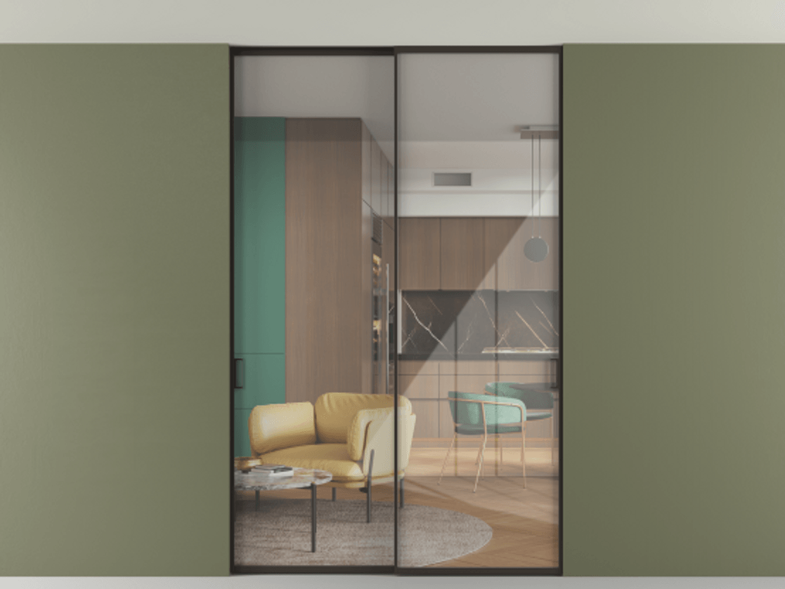 Перегородка Формато внутри проёма скрытое крепление в потолок 2 створки АЛПР 040.01 Алюминий антрацит Рефлективное прозрачное стекло "Стопсол", калёное Цена 15700 Br | Volhovec