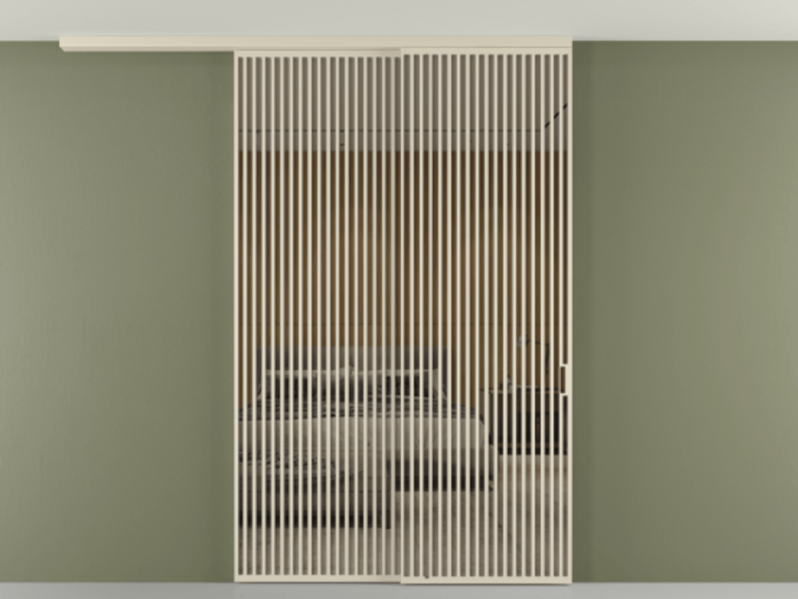 Перегородка Формато вдоль стены на потолок 2 створки с синхронным механизмом АЛПР 040.06 Алюминий бежево-серый Рефлективное бронзовое стекло "Стопсол", калёное Цена 29010 Br | Volhovec