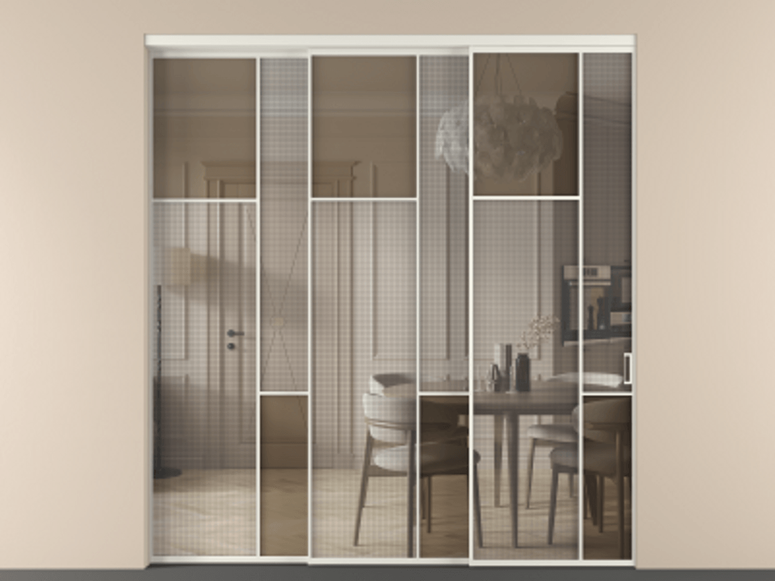 Перегородка Mosaic внутри проема телескопик синхро-3 АЛПР 041.10 Алюминий Белый Mesh silver + Бронза прозрачное триплекс Цена 21610 Br | Volhovec