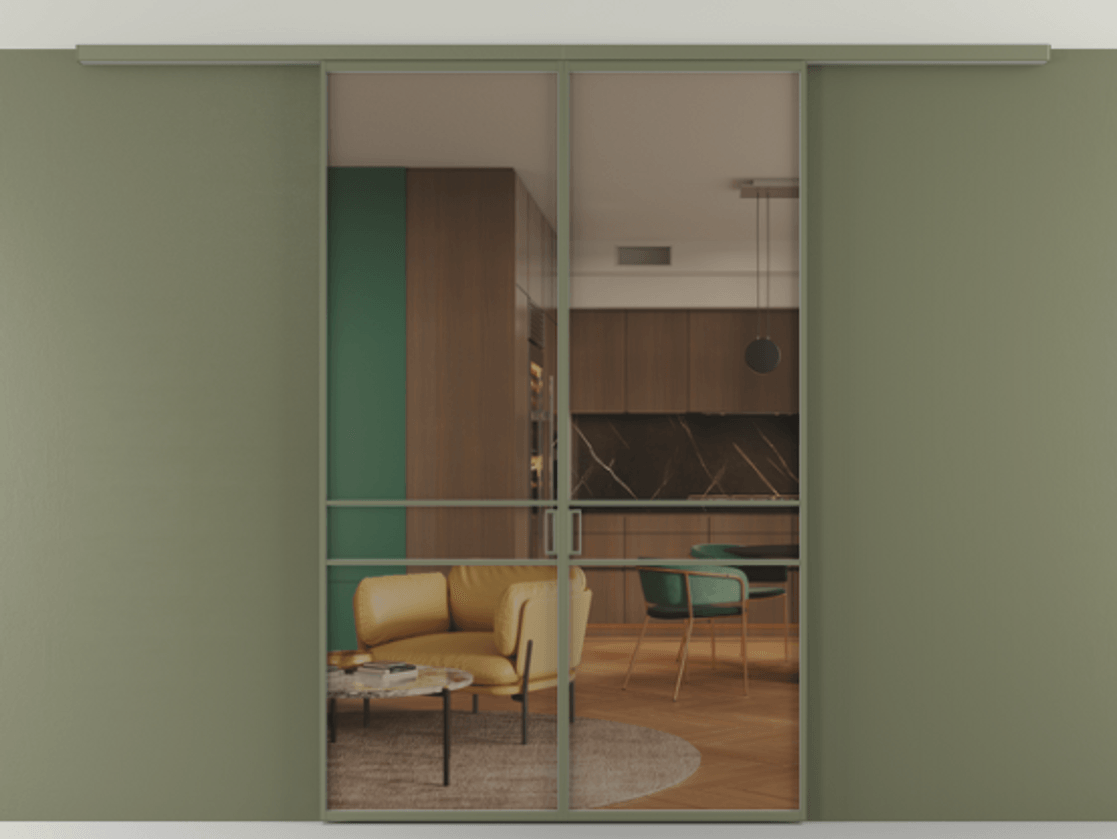 Перегородка Формато вдоль стены на потолок 2 створки АЛПР 040.02 Алюминий оливковый тёмный Прозрачное бронзовое стекло, триплекс Цена 9980 Br | Volhovec