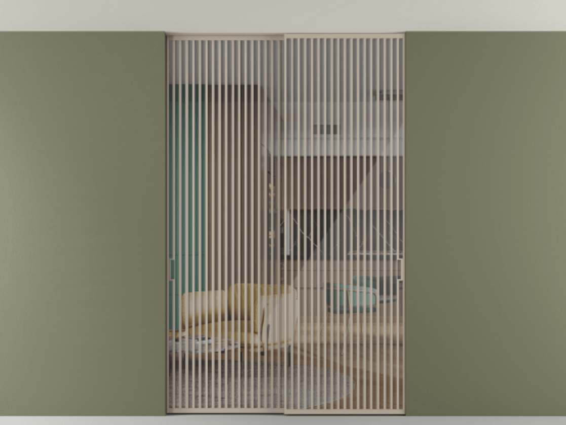 Перегородка Формато внутри проёма скрытое крепление в потолок 2 створки АЛПР 040.06 Алюминий бисквитный Рефлективное прозрачное стекло "Стопсол", калёное Цена 27860 Br | Volhovec