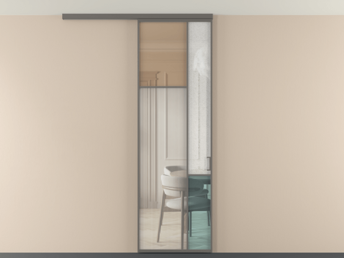 Перегородка Мозаик вдоль стены на потолок 1 створка АЛПР 041.10 Алюминий классический серый Комбинация стекол Группы 1 и Группы 3 Цена 7500 Br | Volhovec