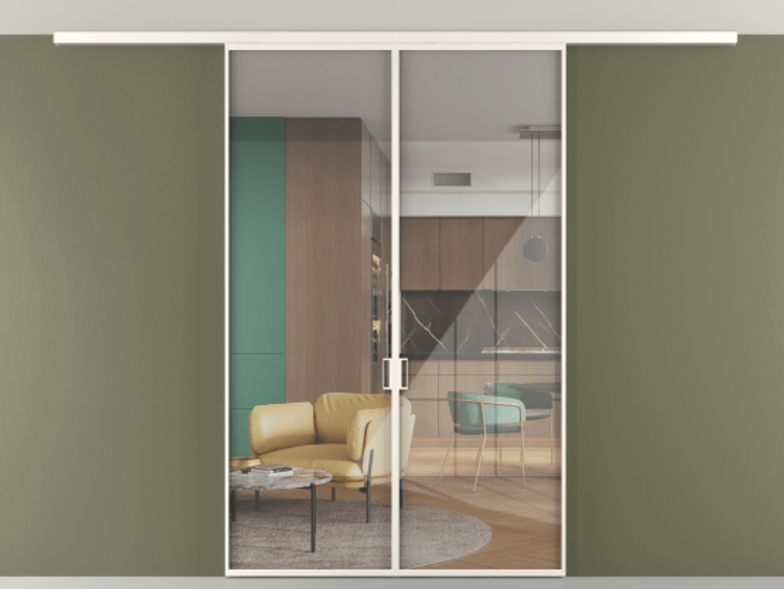 Перегородка Формато вдоль стены на потолок 2 створки АЛПР 040.01 Алюминий пудровый белый Рефлективное прозрачное стекло "Стопсол", калёное Цена 12410 Br | Volhovec