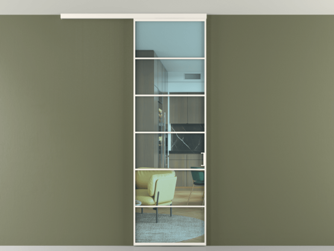 Перегородка Формато вдоль стены на потолок 1 створка АЛПР 040.04 Алюминий пудровый белый Прозрачное голубое стекло, триплекс Цена 5500 Br | Volhovec