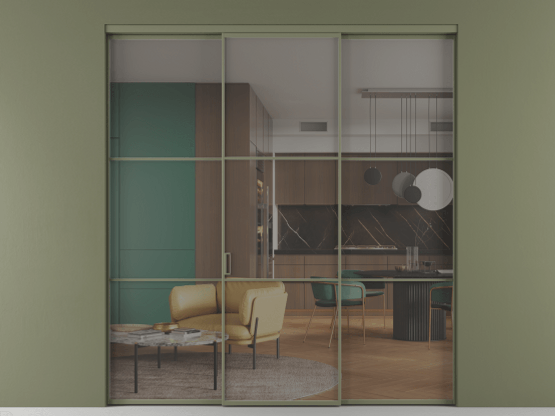 Перегородка Formato внутри проёма 3 створки АЛПР 040.03 Алюминий оливковый тёмный Прозрачное серое стекло, триплекс Цена 13290 Br | Volhovec