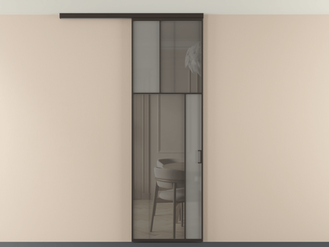 Перегородка Мозаик вдоль стены на потолок 1 створка АЛПР 041.23 Алюминий антрацит Сатинированное серое стекло, триплекс, 6 мм + Прозрачное серое стекло, триплекс Цена 7220 Br | Volhovec