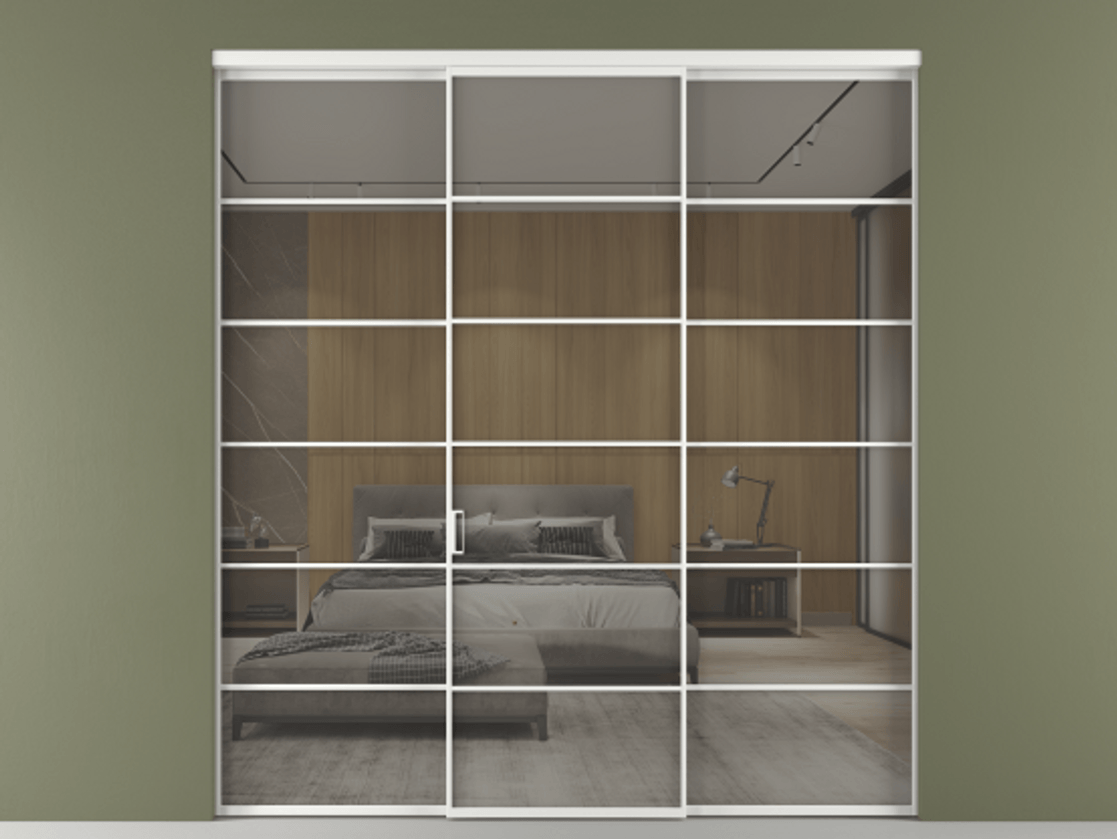 Перегородка Formato внутри проёма 3 створки АЛПР 040.04 Алюминий белоснежный Рефлективное серое стекло "Stopsol", калёное Цена 18230 Br | Volhovec