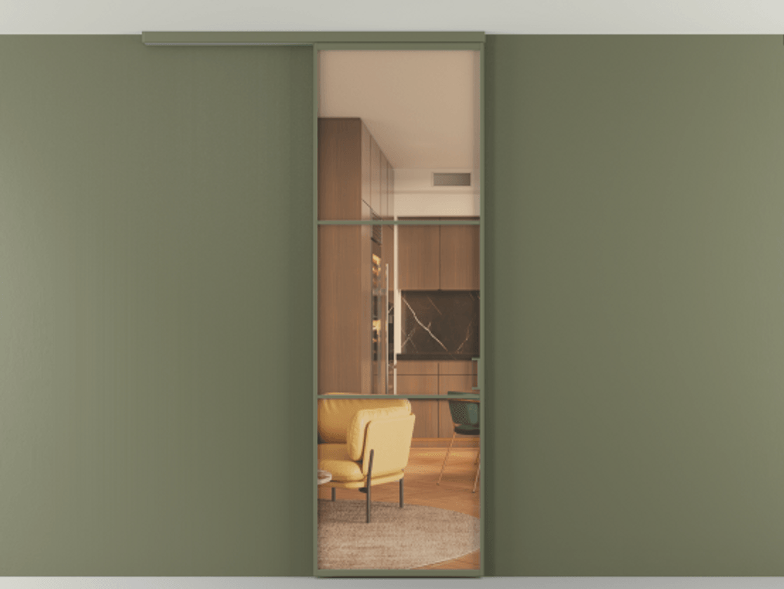 Перегородка Формато вдоль стены на потолок 1 створка АЛПР 040.03 Алюминий оливковый тёмный Прозрачное оранжевое стекло, триплекс Цена 5200 Br | Volhovec