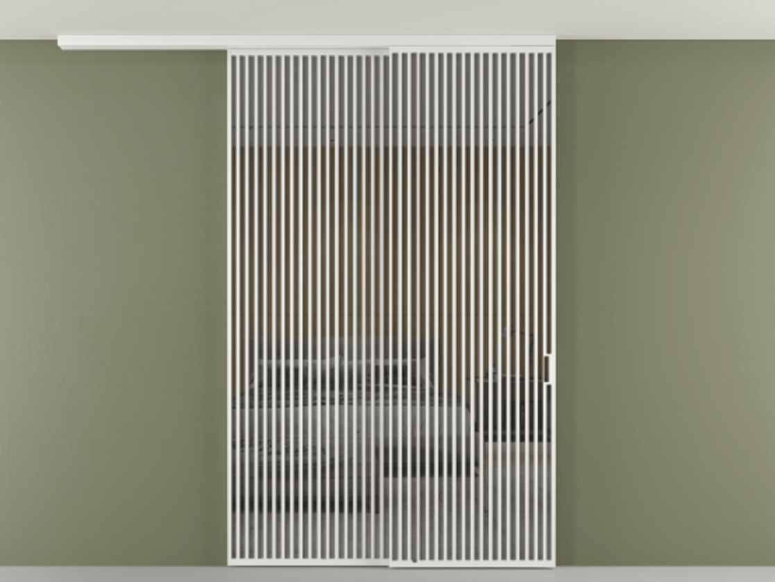 Перегородка Formato вдоль стены на потолок 2 створки с синхронным механизмом АЛПР 040.06 Алюминий белоснежный Рефлективное серое стекло "Stopsol", калёное Цена 29010 Br | Volhovec