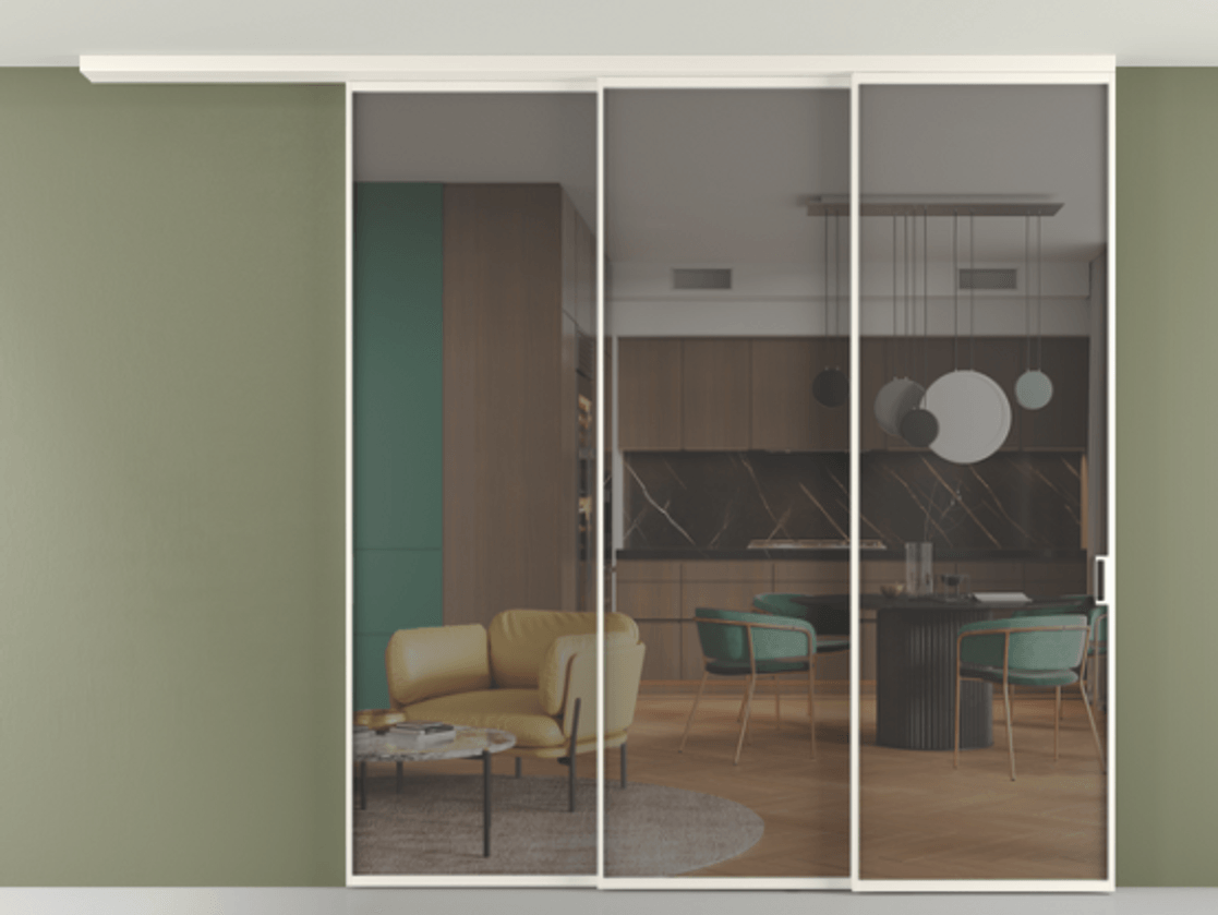 Перегородка Formato вдоль стены на потолок 3 створки с синхронным механизмом АЛПР 040.01 Алюминий пудровый белый Прозрачное серое стекло, триплекс Цена 19820 Br | Volhovec