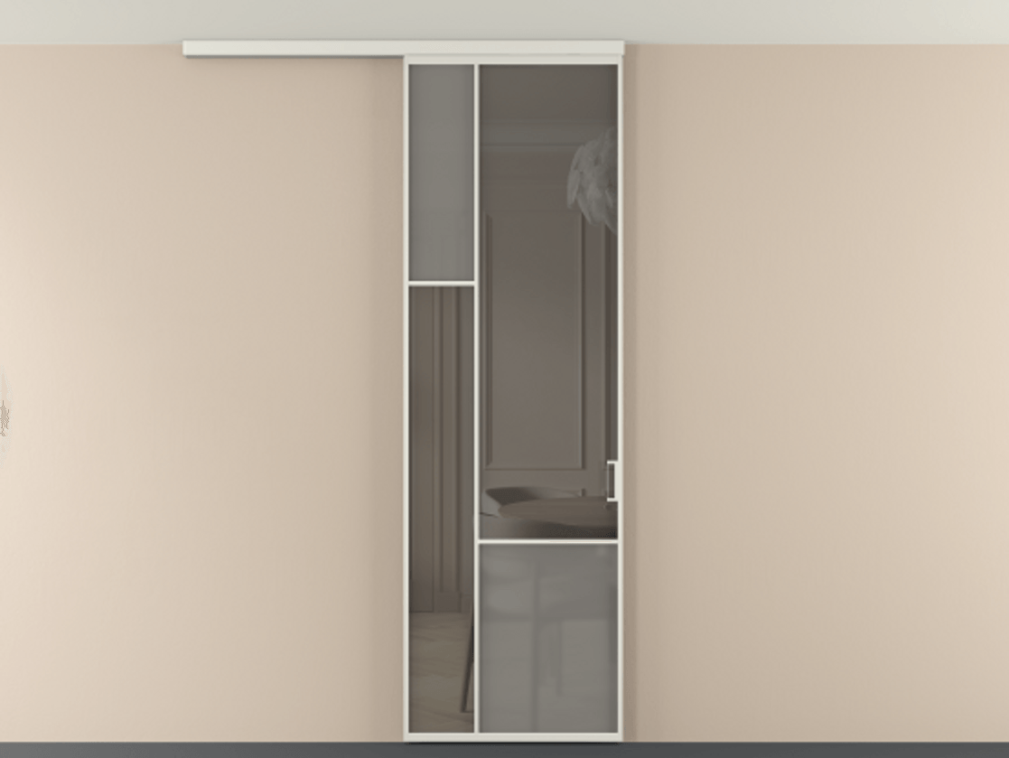 Перегородка Мозаик вдоль стены на потолок 1 створка АЛПР 041.13 Алюминий серый Сатинированное серое стекло, триплекс, 6 мм + Прозрачное серое стекло, триплекс Цена 7220 Br | Volhovec