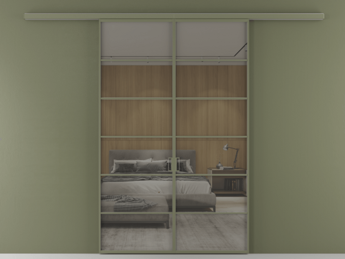 Перегородка Формато вдоль стены 2 створки АЛПР 040.04 Алюминий оливковый тёмный Рефлективное серое стекло "Стопсол", калёное Цена 14150 Br | Volhovec